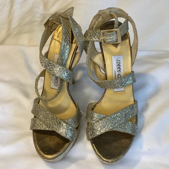 Jimmy Choo Silver Glitter Platform Stiletto Strappy Sandals - Picture 2 of 13